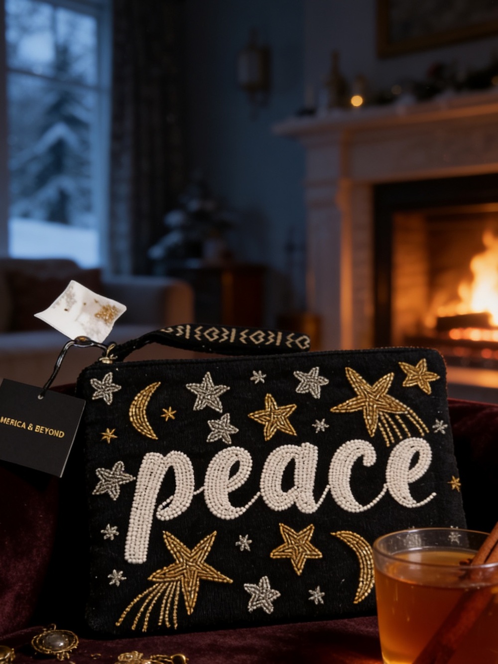 Beaded 'Peace' Holiday Pouch - Black and Gold